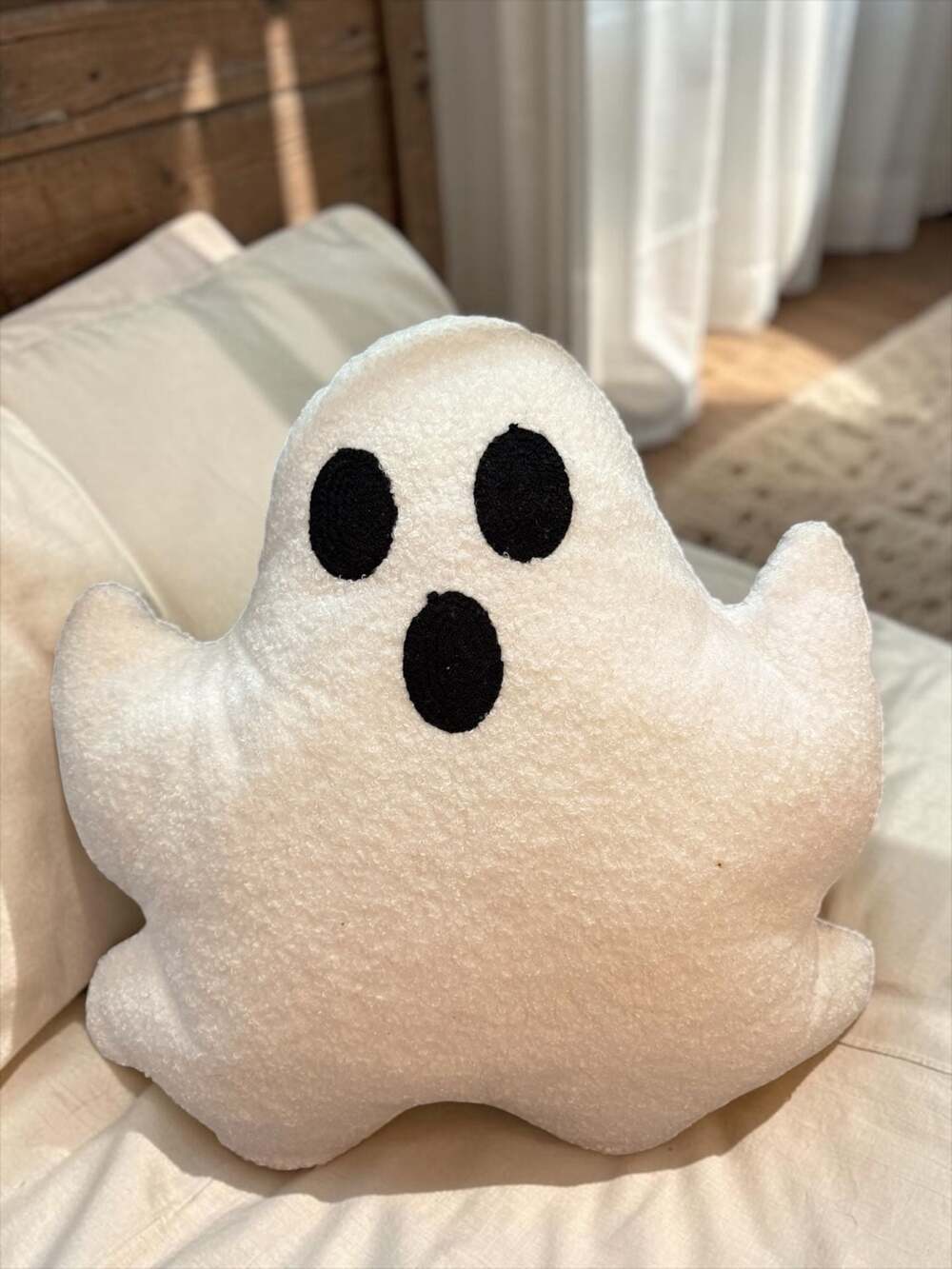 Ghost Shaped Throw Pillow White Sherpa Halloween Decor Cushion
